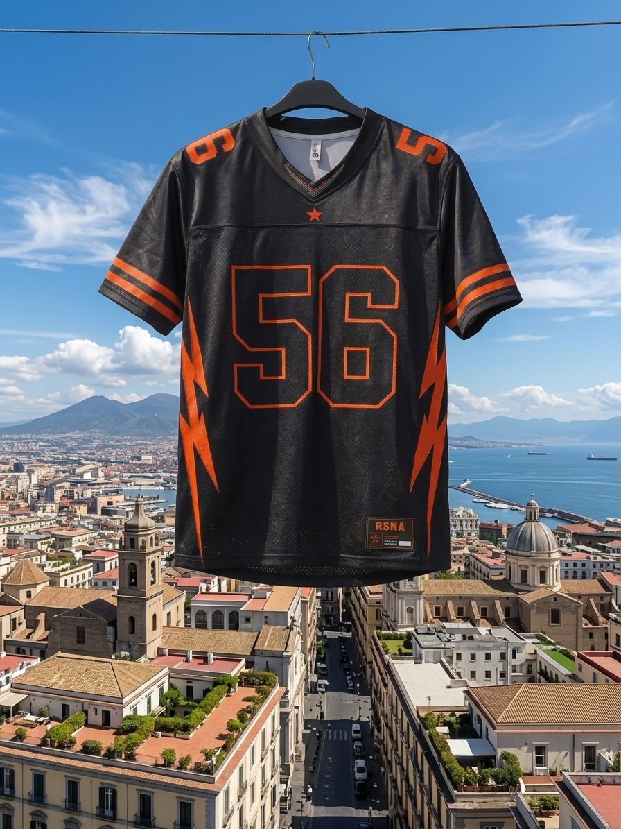 Rsna Tee nera, vista frontale: numero 56 arancione, saette laterali e stella sul petto